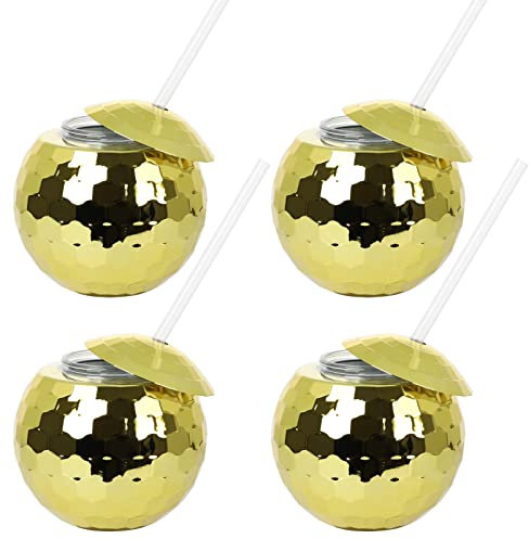 4pcs Disco Balls Drinking Cup 580ml Disco Balls Tumbler Flash Cocktail Cup with Lid and Straw Glitter Spherical Cup for Disco Bar Party Supplies(Gold)