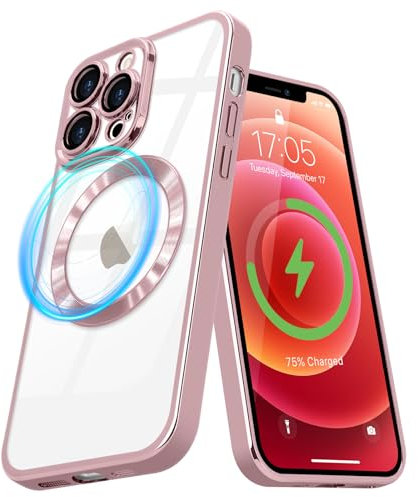 Pepmune Cover Magnetica per iPhone 12 Pro Custodia Compatibile con Magsafe Trasparente Placcatura Disegno Copri Fotocamera Antiurto Case Sottile Anti Ingiallimento Cover per iPhone 12 Pro Rosa