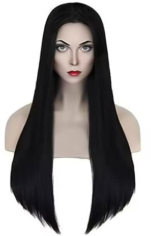 EUPSIIU 28 Zoll Lange Schwarz Gerade Perücke - Halloween Kostümperücke Synthetisch, Perücke für Cosplay & Karneval