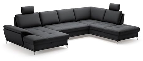 Cavadore Wohnlandschaft Castiel mit Federkern / Sofalandschaft mit XL-Longchair, Sitztiefenverstellung, Kopfstützen und satinierten Metallfüßen / 363 x 89-104 x 223 / Echtleder, Schwarz