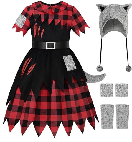 ReliBeauty Halloween Werwolf Kostüm Kinder Mädchen mit Tail Wolfsohren Handschuhe Beinwärmer,150