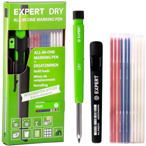 EXPERT DRY Zimmermannsbleistift inkl. 11 Minen | Tieflochmarker | Mit integriertem Spitzer | Plus-Minen-Set | Nachfüllbar | Handwerker Bleistift für Holz, Glas & Metall | Bleistift Baustelle