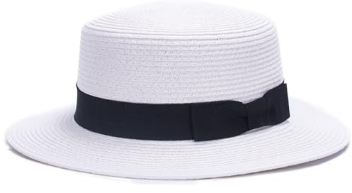 Lawliet Lady Boater Sun Caps Ribbon Round Flat Top Straw Beach Hat Summer Hats for Women (White)