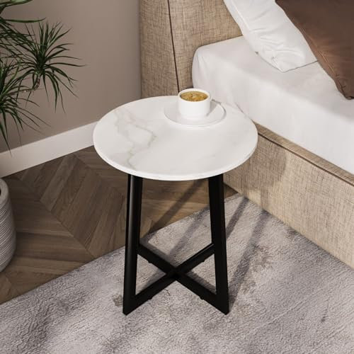URBNLIVING 40cm Diameter Round MDF Coffee Side End Table with Steel Frame Legs Marble Look Living Room