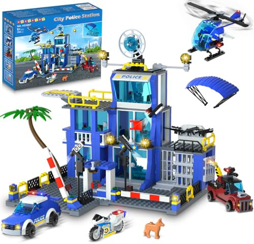 HOGOKIDS Polizeistation Bauspielzeug - 734 pcs Polizei-Bausteine Set mit LED-Licht, Hubschrauber, Polizei Motorrad, Fahrzeug, Panzerwagen, Geschenk für Kinder, Jungen und Mädchen ab 8–12 Jahre