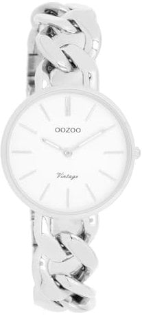 Oozoo Vintage Damen Uhr Silber/Weiß | Armbanduhr Damen mit Metall Chunky Armband | Moderne Uhr für Frauen | Edle Analog Damenuhr in rund C20355 (32mm Gehäuse)