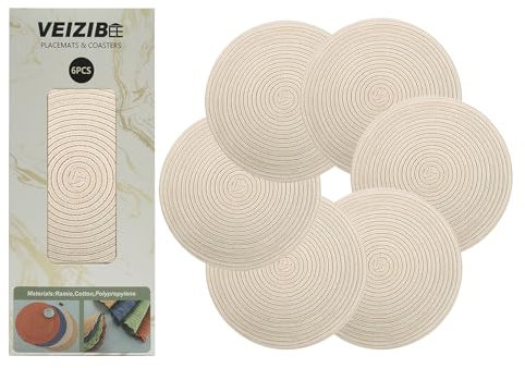Tovagliette intrecciate, lavabili anche come sottovaso, tappetino da caffè, unslipp rotonde, in stile europeo, materiale naturale, tessuto a mano, in tessuto (bianco, 36 cm), 6 pezzi