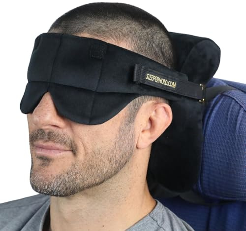 Sleeper Hold Reisekissen - Echtes Schlaferlebnis auf langen Flügen - Kopfband mit Augenmaske - superweich, leicht, einfach zu tragen und maschinenwaschbares Flugzeugkissen