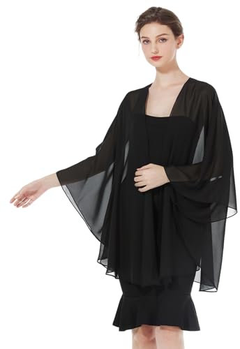 BEAUTELICATE Coprispalle Chiffon Donna Elegante Scialle Cardigan Kimono Lungo con Giromanica Trasparente Cover Up Estivo Mantelle per Abiti Sposa Damigella Matrimonio Festival (Nero)