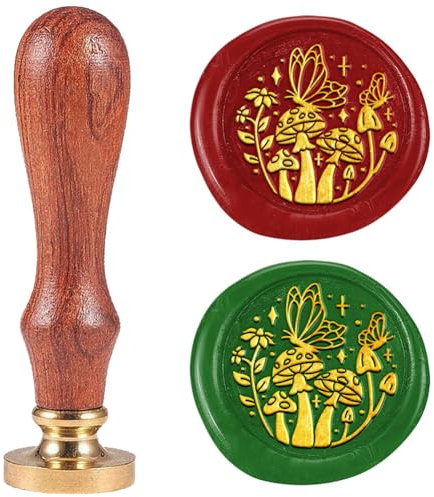 DELORIGIN Wachs Siegel Stempel Mit Pilz Und Schmetterlingsmotiv 25 mm Abnehmbarer Siegelkopf Aus Messing Vintage Siegelstempel Mit Geprägtem Buchstaben Für Einladungen Partys Geschenkverpackungen