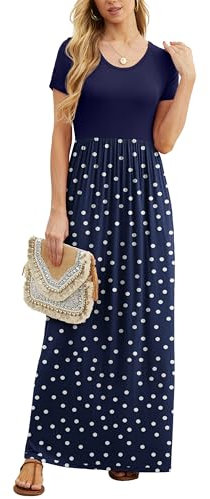 GRECERELLE Womens Maxi Dress Summer Casual Ladies Short Sleeve Crew Neck Long Dresses with Pocket for Daily, Holiday, Travel, Maternity (Polka Dots White Navy, XXXL)