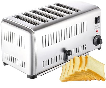 Kindevieft Tostadora Comercial, Tostadora De 6 Rebanadas, Tostadora De Pan EléCtrica, MáQuina para Hornear Pan Comercial De Acero Inoxidable con Ranuras Anchas Y Bandeja para Migas ExtraíBle