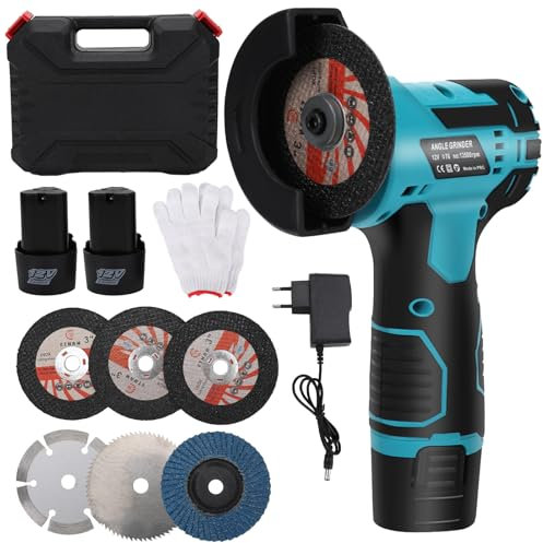 panthem Mini smerigliatrice con 2 batterie da 1,5 Ah, 5 dischi da taglio e 1 mola, Ø 76 mm, 13500 giri/min, mini smerigliatrice angolare senza fili da 12 V per taglio, lucidatura, rettifica e