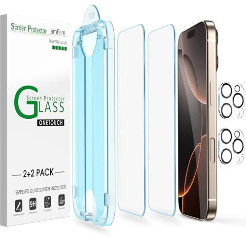 amFilm OneTouch 2+2 Pack Compatible with iPhone 16 Pro Max Screen Protector 6.9 Tempered Glass and Camera Lens Protector, Premium Easiest Installation Kit 9H, Case Friendly Anti-Scratch HD
