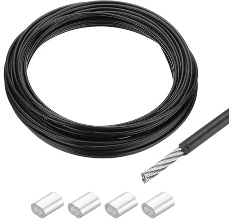 sourcing map 66Ft(20M) Wire Rope 304 Stainless Steel Cable 5/32 (4.0 mm) Vinyl Coated with 4pcs Aluminum Sleeves for Hanging, Clotheslines, Lifting Black