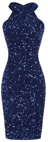 GRACE KARIN Damen Glitzer Kleid 1920er Kleider Knielang Neckholder Bodycon Cocktailkleid Partykleid Marineblau M