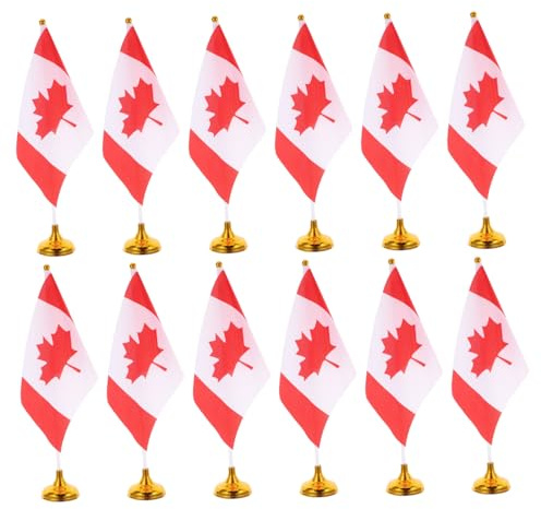 HOODANCOS 12pièces Drapeau Canadien Portable Avec Mât Et Base Lot De Drapeaux De Table Pour Fêtes Et Décorations De Bureau