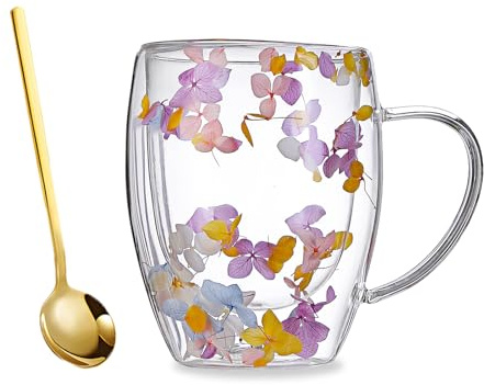 Billowvolve 350ML Trockene Blume Doppelwand Glas Kaffeetasse Teetasse Kristall Hitzebeständig mit Löffel, Schöne Teeglas Doppelwandig für Mutter, Oma, Freundin, Schwester
