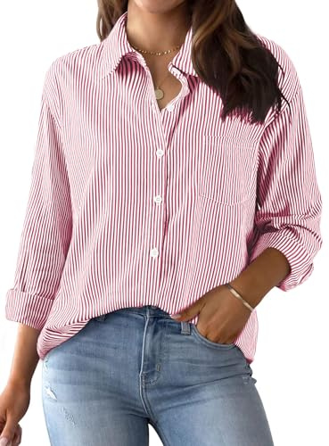 Lonya Camicia Donna Elegante a Maniche Lunghe Estiva Classica Blusa Collo V Button Down a Righe Casual Ufficio Camicette
