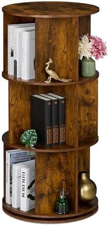 Relaxdays Libreria Girevole, 15 Scomparti 104x50 cm, Scaffale Industriale Porta Libri, CD, Dvd, Colonna Rotante, Marrone, Acciaio, Fibra di Legno