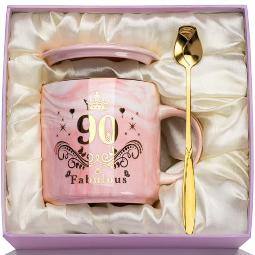 WXYTXHYQ 90th Birthday Gifts for Women, 90th Birthday Cup Gifts for 90 Year Old Woman, Unique 90t-h Birthda-y Decorations Coffee Cup Marbled Ceramic for Grandma, Mum, with Spoon, Lid, Giftbox, 400ml