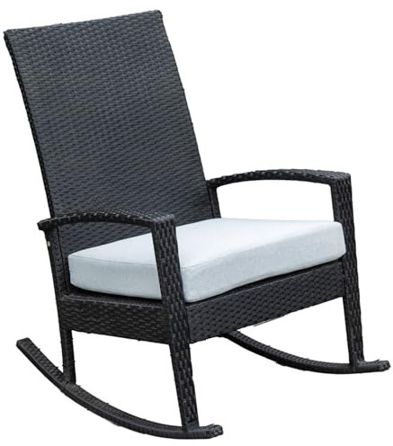 Ogarden Schaukelstuhl Rocking Chair, Aluminium Poly Rattan Outdoor Schaukelstuhl, Schaukelsessel mit Kissen, für Garten, Terrasse, Balkon, Relaxsessel Gartenstuhl (Schwarz - Hellgrau Kissen)