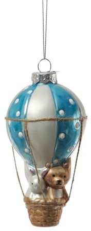 Weihnachtsbaumschmuck Heißluftballon mit Bär Hase Weihnachtskugel Christbaumschmuck Ballon aus Glas Weihnachtsbaum Dekoration H: 13cm (Blau)