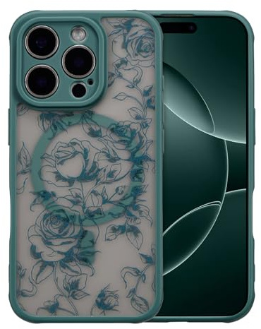 XIZYO Matte Magnetic Case for iPhone 16 Pro, Branch Rose/Green | Compatible with MagSafe, Cute Rose Flower Aesthetic Floral Girly Design, Translucent Frosted Touch, Shockproof Anti-Yellow