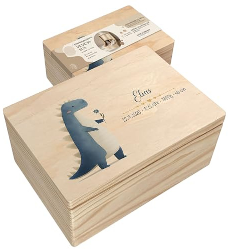 CRAFTNEZ - Baby Erinnerungsbox - personalisierte Holzkiste - Made in EU - Deckel mit Magnetverschluss - Erinnerungskiste mit Namen - Geschenk zur Geburt & Taufe (Mot8, L)