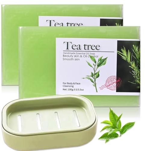Tea Tree Oil Soap - 2PCS Tea Tree Soap Bar with soap Box - Natural Soap Bars for Face Body - Moisturising Body soap for Deep Cleansing & Hydration, Preventing Spots, Refreshing Body Odour
