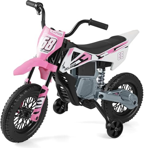 COSTWAY 12V Moto Elettrica per Bambini, Motorino Elettrico con Ruote di Allenamento Rimovibili, Sospensione a Molla, Musica e Connessione Wireless, Motocicletta Cavalcabile per 3-8 Anni (Rosa)
