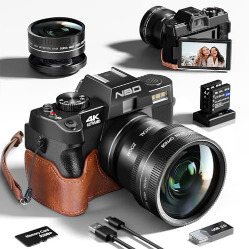 NBD 4K Digital Camera, 48MP Ultra HD, Wi-Fi & App Control, Macro & Wide-Angle Lenses, Autofocus, 16X Zoom, LED Flash,Includes Leather Half Case, 32GB TF Card & 2 Batteries(Black)