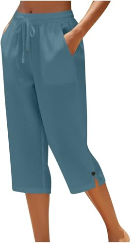 Ladies Cropped Trousers - Capri Pants for Women UK Petite Comfy Summer Three Quarter Length Trousers Stretchy Drawstring Waist Straight Leg Lounge Yoga Beach Capris Pants with Pockets
