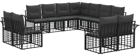 vidaXL Outdoor-Sofagarnitur 11 pcs Schwarz und Dunkelgrau Polyester, Garten Sofa Set, modernes Rattan, verstellbare Füße, wetterfest, gemütliche Sitzecke, Lounge für draußen