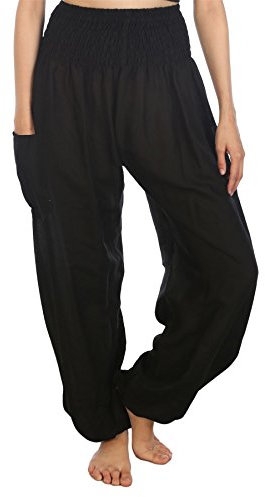 Lofbaz Damen Haremshose Yogahose Pumphose Hippie Hose Boho Kleidung Festival Outfit Sommerhose Leicht Sommer Hosen - Solid 1 Schwarz 3XL Große Größen