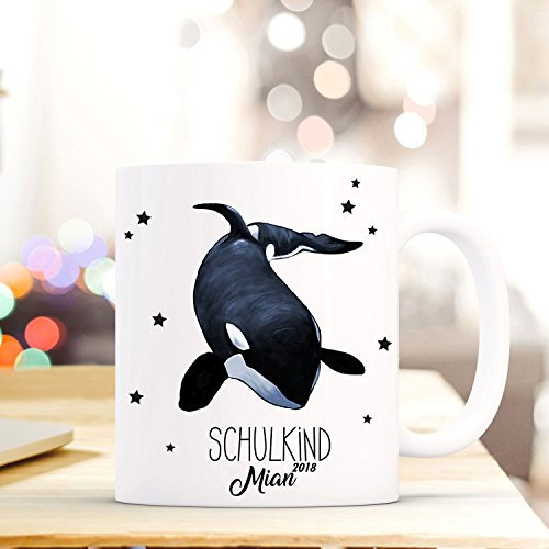 ilka parey wandtattoo-welt Tasse Becher Geschenk Schulstart mit Schwertwal Orca Wal Sterne Name Wunschnamen Einschulungsjahr & Spruch Schulkind ts734