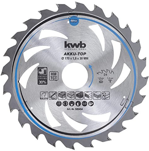 kwb Lame de scie circulaire 170 x 30 mm, facile à manier, spécialement pour les machines sans fil, lame de scie adaptée aux bois tendres et durs, aux panneaux lattés et aux panneaux d'agglomérés