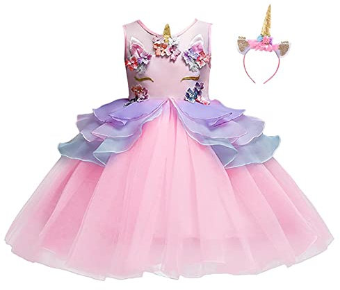 MYRISAM Filles Princesse Déguisement Licorne Tutu Robe de Anniversaire Soirée Cérémonie Costume de Carnaval Halloween Noël Fête Spectacle Tulle Bal avec Serre-tête Licorne Rose 8-9 ans