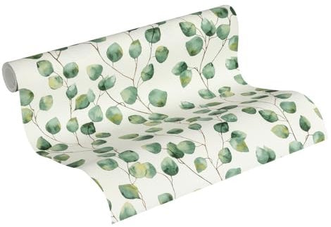 Tapete Vlies floral Grün Weiß - Tapete A.S. Création Tapete Landhausstil 370441 - Tapete Blätter modern - 10,05m x 0,53m - Made in Germany