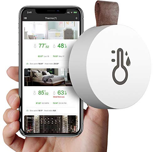 ALLOMN Kabellos Thermometer Hygrometer, Bluetooth 5.0 Temperatur Feuchtigkeitssensor mit Datenexport Warnungen für IOS Android APP Echtzeit Aufzeichnungen für Wein Zigarre Babyzimmer (Kein Bildschirm)