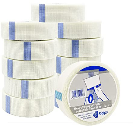 Rigips 12x ® Gewebeband Glasfaser selbstklebend [48mm x 90m Groß-Rolle] Bewehrungsstreifen Fast-Tape Fugenband | Fugendeckstreifen für Gipskarton