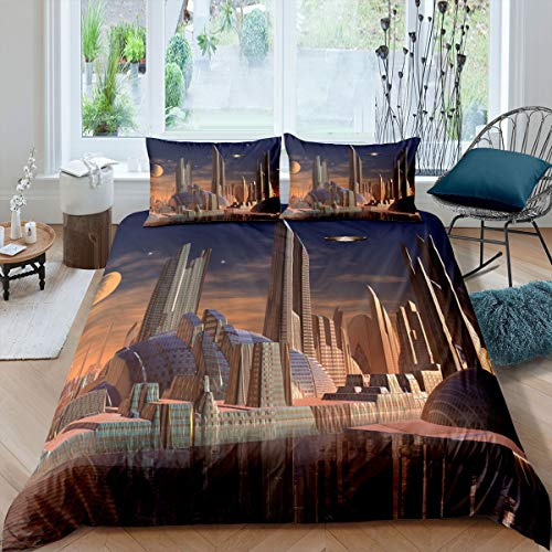 Homewish Weltraumbettwäscheset Science-Fiction-Bettbezug-Set Starship Future Trösterbezug für Kinder Teen Boys Planeten Alien Universe Cosmos Space Theme Bettbezug mit 1 Kissenbezug 135x200 Braun