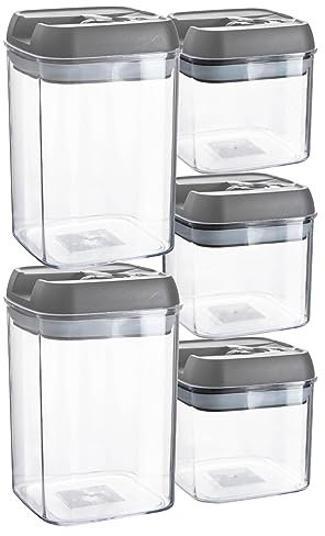 Argon Table Food Storage Containers with Airtight Flip Lock Lids - 5-Piece - Grey - Plastic Storage Tubs Tupperware Pantry Food Organiser for Cereal, Oats, Sugar, Coffee, Biscuits, Tea