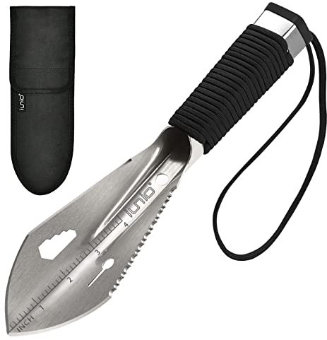 iunio Garden Trowel, Multi Tool Camping Trowel Hand Shovel with Paracord Handle & Carrying Pouch for Metal Detecting, Digging, Gardening, Planting, Outdoor, Sliver