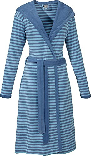 Erwin Müller Leichtfrottier Damen Bademantel mit Kapuze | Leichter Morgenmantel | Saunamantel | mit Bindegürtel und Zwei Taschen | blau-dunkelblau Größe 44/46