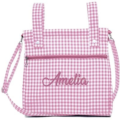 Bolsa panera de algodón vichy personalizada con nombre bordado - Bolso carro - Talega carrito de bebé - Nenel (Azul empolvado)