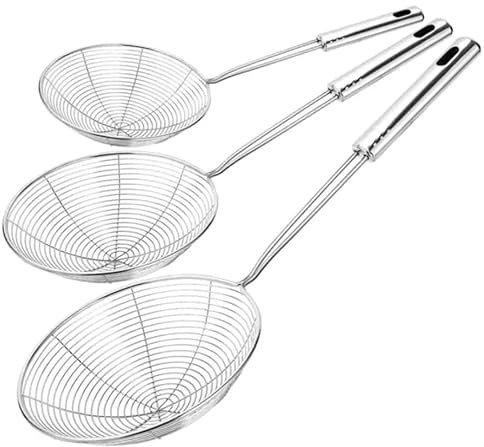 Tris Schiumarole Setaccio 3 pezzi + 3 Appendini Adesivi, Materiale Acciaio Inox Schiumarola Maglia Manico Lungo, Evitare Schizzi Filtrare Scolare, Misure 12cm, 16cm, 20 cm