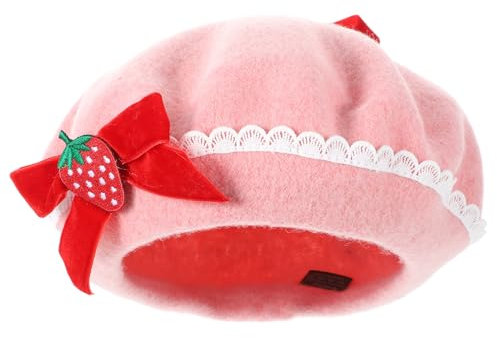 Abaodam Hut Erdbeer Erdbeer- Baskenmützen mit Bowknot Baskenmützen Wollmaterial Dekorativer Modehut Bekleidungszubehör für Erdbeershortcake Erdbeer- Rosa