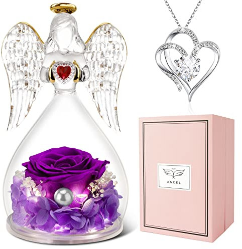 Miofula Engel Geschenke für Mama, Ewige Rose Engel Figur mit Halskette, Echte Rose mit LED Licht, Geschenke für Frauen Mutter Oma Freundin zum Geburtstag Jahrestag Muttertag Valentinstag Weihnachten