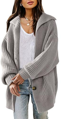 LILLUSORY Damen-Strickjacke 2023 Herbst Slouchy Open Front Button Grobstrick Pullover Mantel, GRAU, X-Groß